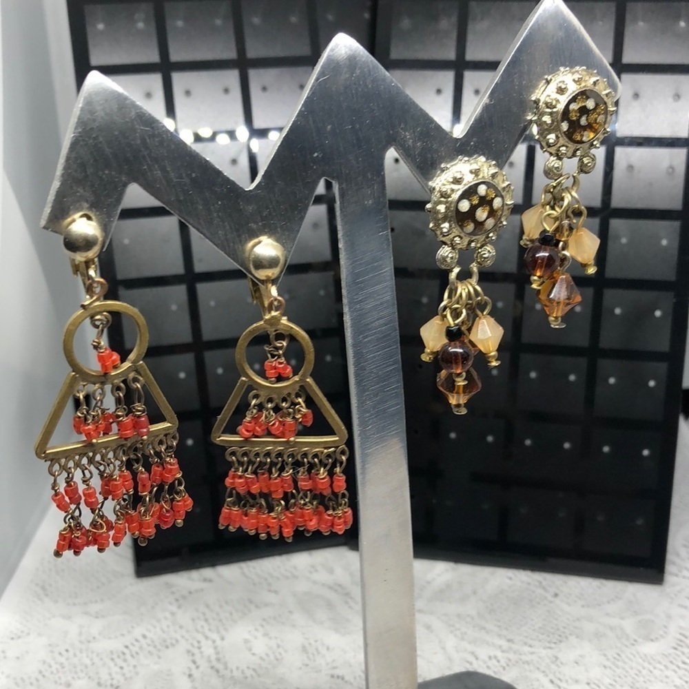 BUNDLE lot vintage retro boho 2 clip on earrings dangle drop beaded free spirit.